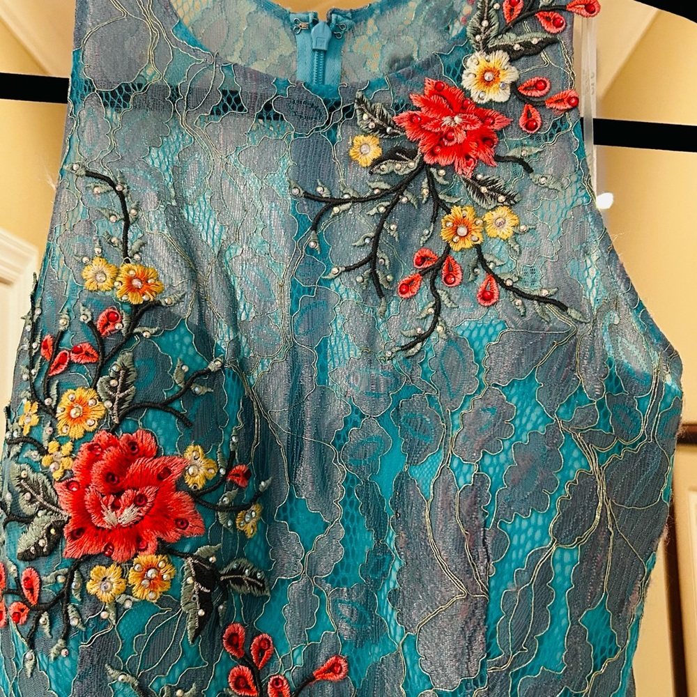 J.Elizabeth Teal Floral Embroidered Maxi Dress